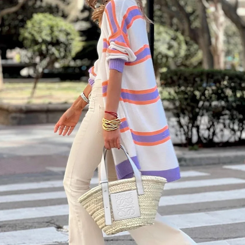 Ivory Lavender Striped Long Sleeve Ribbed Trim Button Cardigan Pastel Sweater - Picture 2 of 11